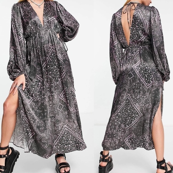 Brand new Topshop bohemian pailsey satin sleeve detail midi pink black size 6 - Picture 2 of 9